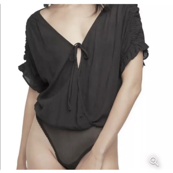 Intimately by Free People Women’s Cleo Tie Front Cutout Bodysuit Top‎ Sz S Black - Picture 1 of 5